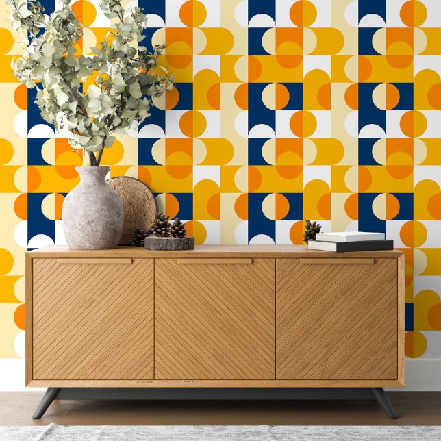 Papel Pintado Naranja amarillo azul oscuro Círculos blancos Patr (Subido por el creador)