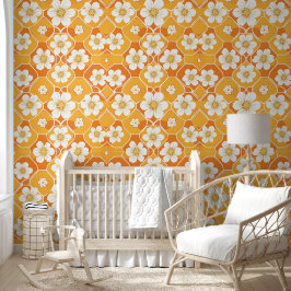Papel Pintado Naranja Amarillo Retro Flor Daisida Patrón Floral