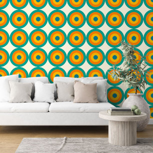 Papel Pintado Naranja azul verde Patrón de círculos redondos ama
