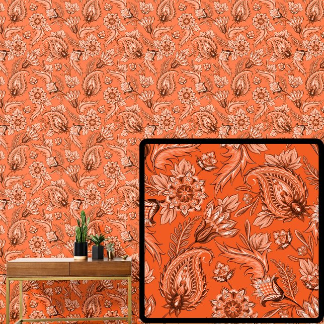 Papel Pintado Naranja brillante Brown Floral Paisley Elegante (Subido por el creador)