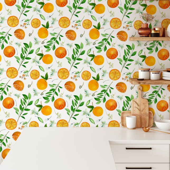 Papel Pintado Naranja Citrus Summer Floral Patrón Botánico (In situ)