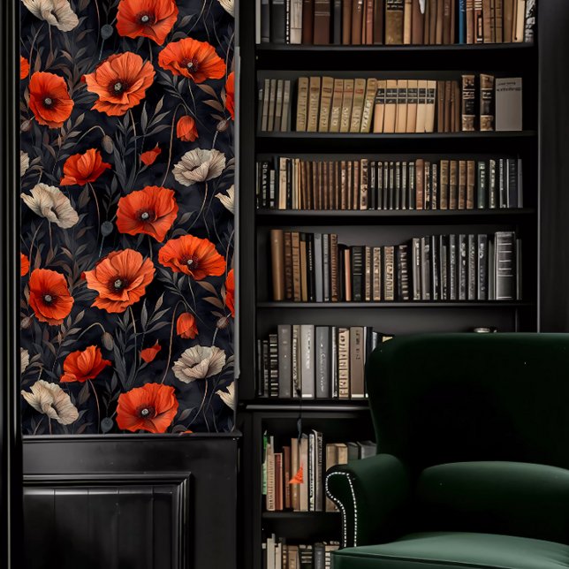 Papel Pintado Naranja de academia oscura opina sobre fondo oscur (Dark Academia Orange Poppies on Dark Background Wallpaper in a library.)