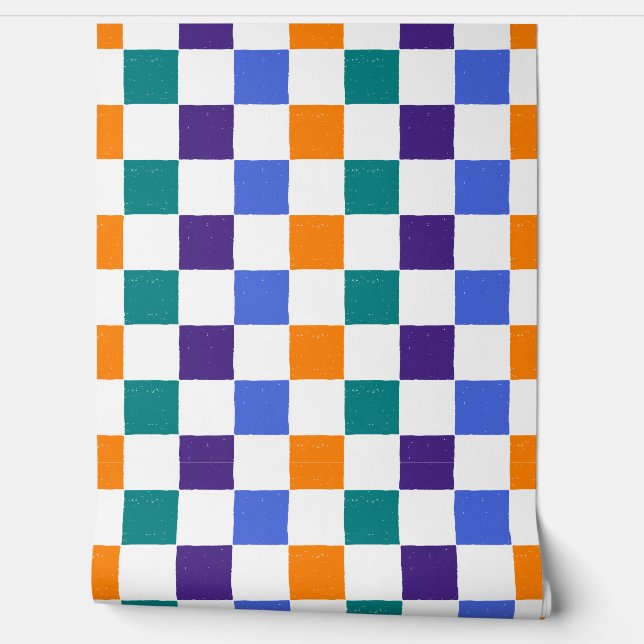 Papel Pintado Naranja de tablero de ajedrez, Verde azulado, azul (Desenrollar)