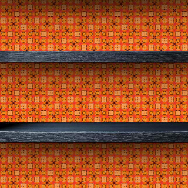 Papel Pintado Naranja de vidrio manchado Impresión floral pequeñ (Stained Glass Orange Floral Small Print Wallpaper on a shelf)