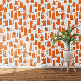 Papel Pintado Naranja divertido y patrón de gato blanco