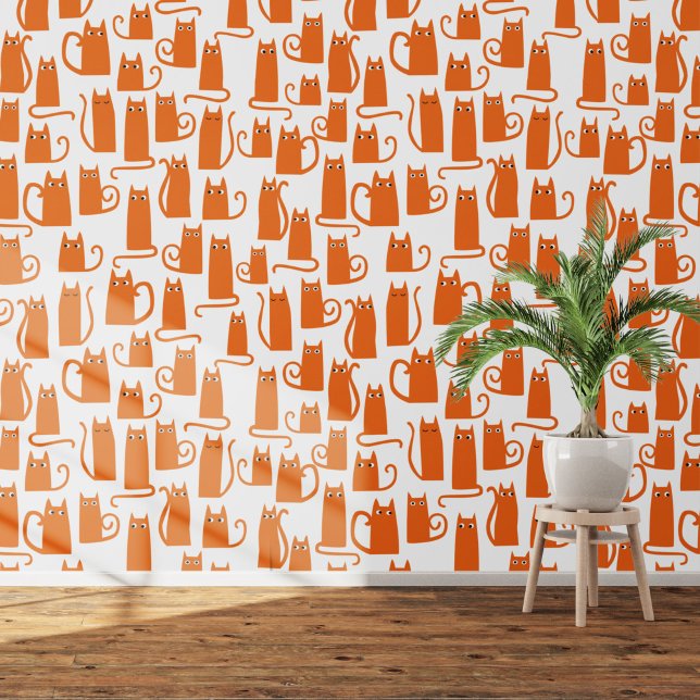 Papel Pintado Naranja divertido y patrón de gato blanco (Orange cats on white art wallpaper)