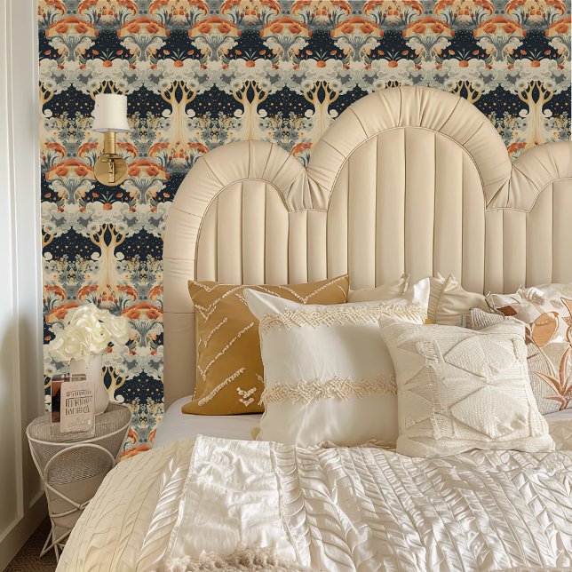 Papel Pintado Naranja etéreo Fairycore y árboles de crema (Fairycore Ethereal Orange & Cream Trees Wallpaper behind a cream colored headboard.)