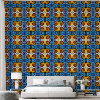 Papel Pintado Naranja floral Azul amarillo abstracto arte