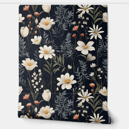 Papel Pintado Naranja floral negro y flores beige