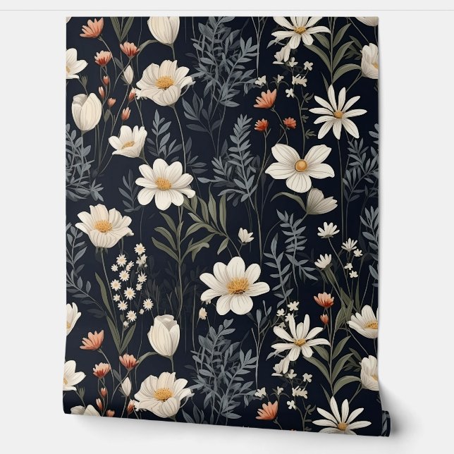 Papel Pintado Naranja floral negro y flores beige (Desenrollar)