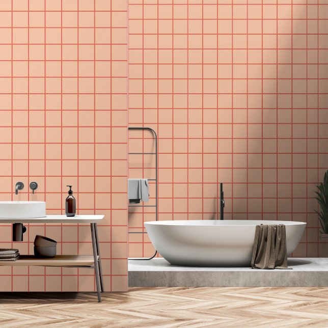 Papel Pintado Naranja Minimalista de patrón de cuadrícula (Baño)