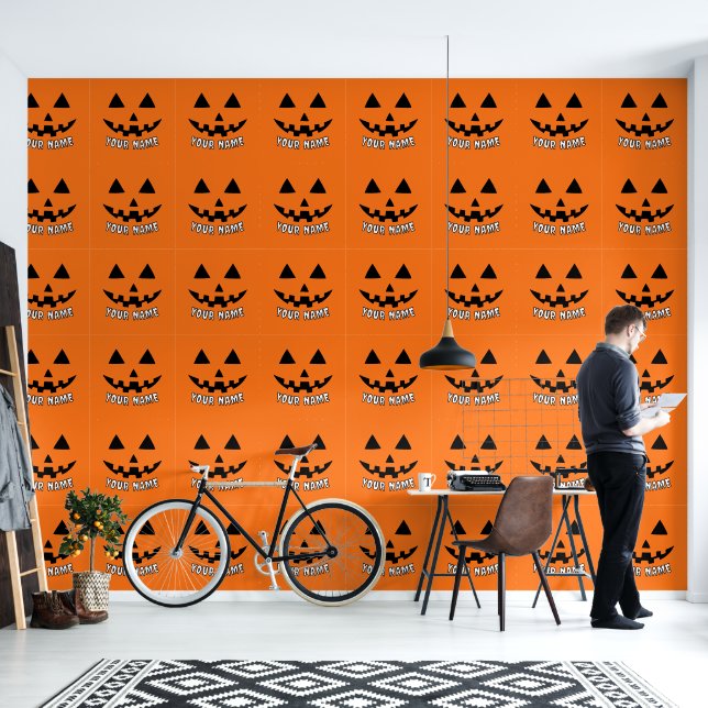 Papel Pintado Naranja personalizado Calabaza Halloween su nombre (Sala de estar)