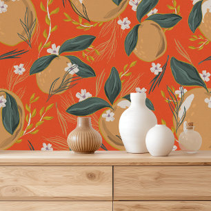 Papel Pintado Naranja Rojo Vintage Y Patrón De Hojas