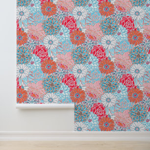 Papel Pintado Naranja Rojo y Flores Azules Preppy Palm Beach