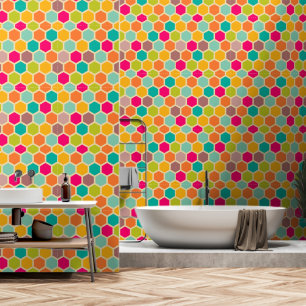 Papel Pintado Naranja verde azul de pepita hexagonal y palo