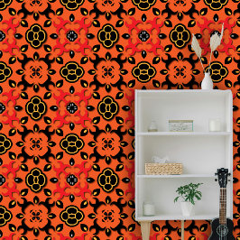 Papel Pintado Naranja vibrante Kilim Patrón floral geométrico