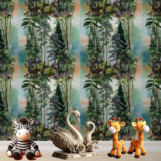 Papel Pintado Naturaleza de la selva tropical Tall Trees Natural (Rainforest Tall Trees Greenery Nature Watercolor Wallpaper
)