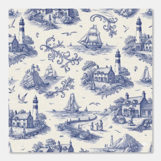 Papel Pintado Nautical Blue Toile Pattern - Coastal Lighthouse (Anverso)