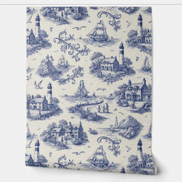 Papel Pintado Nautical Blue Toile Pattern - Coastal Lighthouse