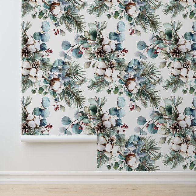 Papel Pintado Navidades acuarelas de invierno de pino de algodón (Solicitud)