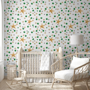 Papel Pintado Navidades Bolas verdes Nursera de estrellas de oro