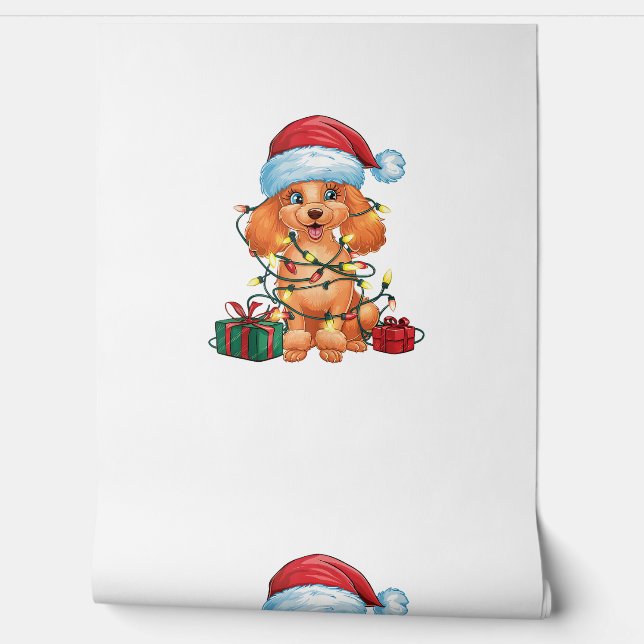 Papel Pintado Navidades de perro caniche de Santa Hat iluminando (Desenrollar)