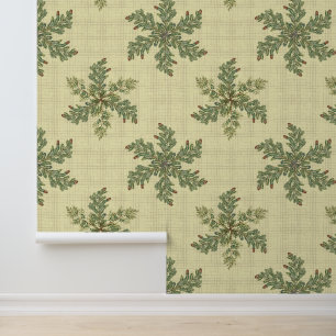 Papel Pintado Navidades Green Pine Boughs Snowflakes