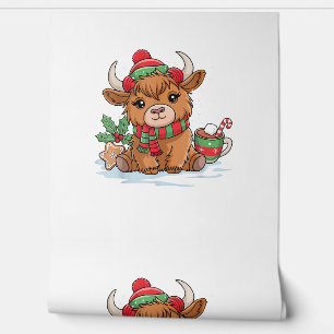 Papel Pintado Navidades Highland Cow Cute Heifer Cow Santa Hat M