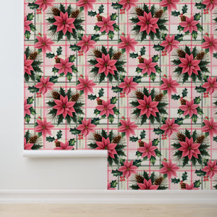 Papel Pintado Navidades Retro Rosado Plaid Floral Feliz Navidad