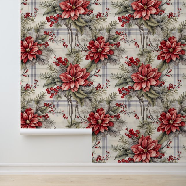 Papel Pintado Navidades White Red Poinsettia Flor Holly Berry (Solicitud)
