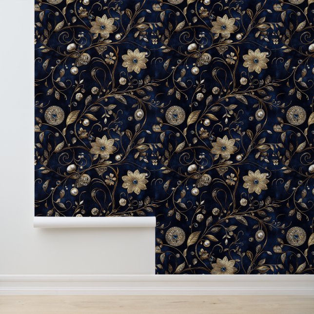Papel Pintado Navy Blue Gold Jewel Floral (Solicitud)