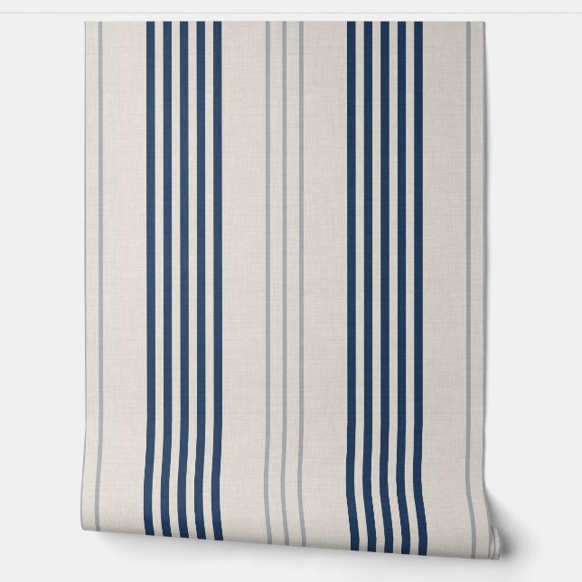 Papel Pintado Navy Slate Ticking Stripe Linen Texture (Desenrollar)
