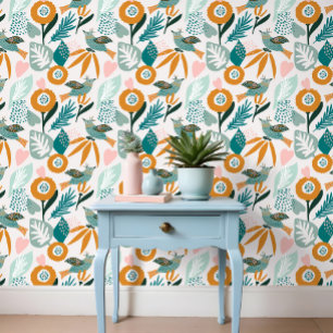 Papel Pintado Negrita Resumen Aves Tropicales y Patrón Floral