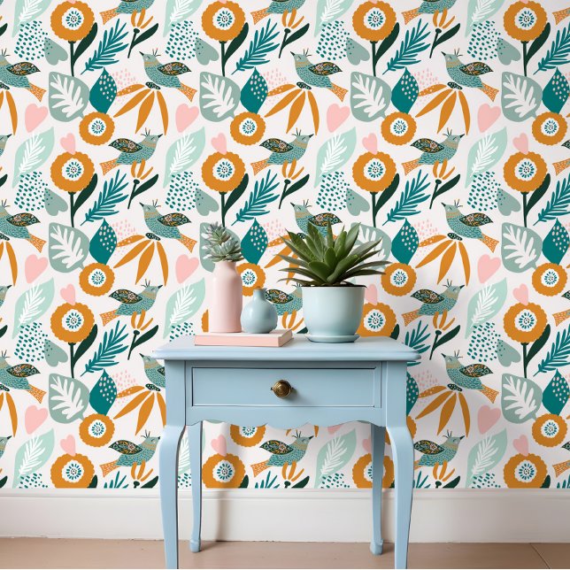 Papel Pintado Negrita Resumen Aves Tropicales y Patrón Floral (Bold Abstract Tropical Birds & Floral Pattern Wallpaper)