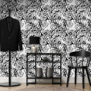 Papel Pintado Negro barroco de la hoja de Acanthus