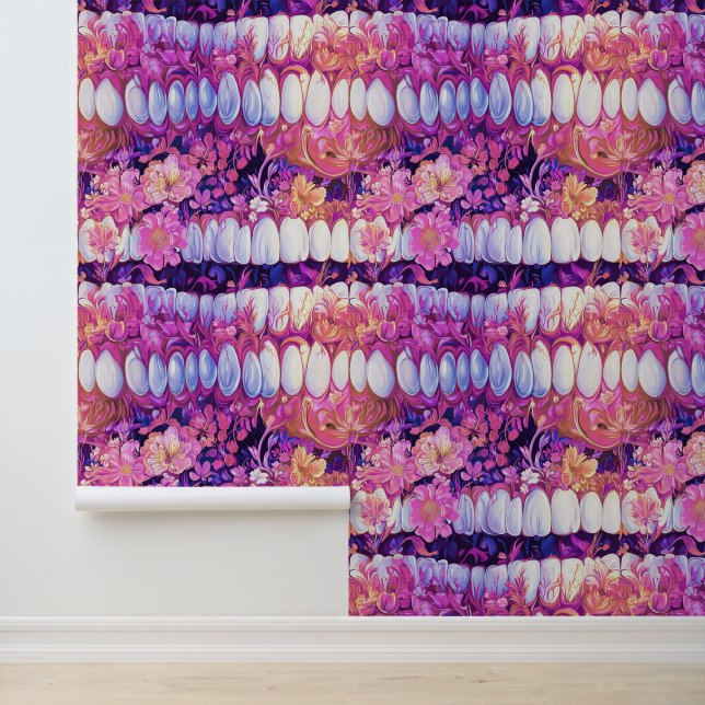 Papel Pintado Neon Art Teeth Flor Sonrisa Dental Clinical Decor (Solicitud)