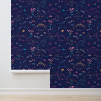 Papel Pintado Neon Navy Dinosaur Doodle Wallpaper