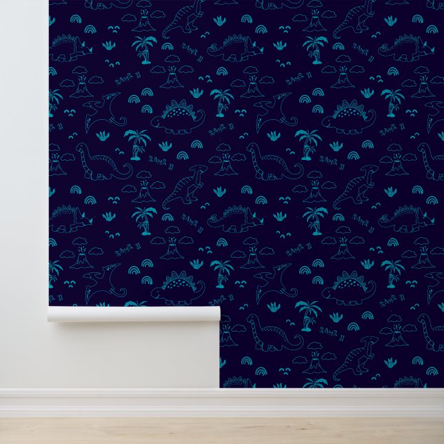 Papel Pintado Neon Navy Dinosaur Doodle Wallpaper (Solicitud)