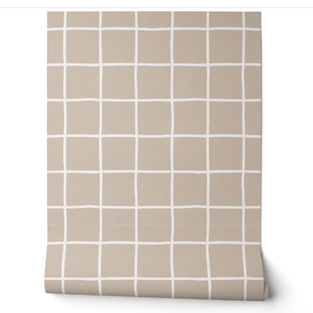 Papel Pintado Neutral Taupe Grid Checkered Scandi Minimalist (Desenrollar)
