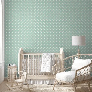 Papel Pintado Neutral verde azulado con puntos de Polka Blanco