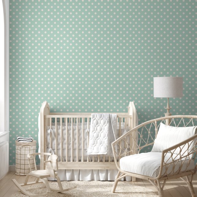 Papel Pintado Neutral verde azulado con puntos de Polka Blanco (Niños)