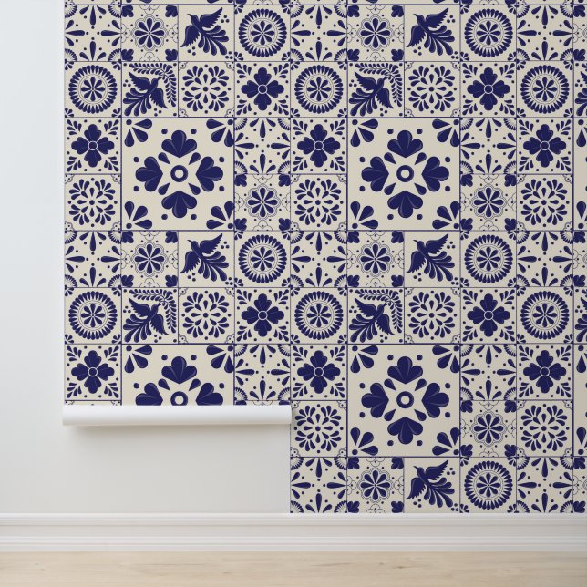 Papel Pintado Nilo Blue Linen Mexicano Tradicional Talavera Tile (Solicitud)