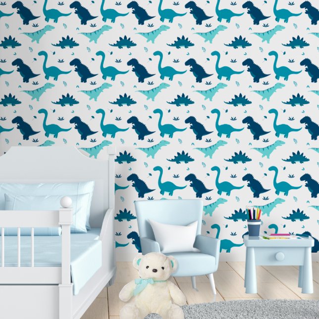 Papel Pintado Niñera de niños de dinosaurios azules Peel & Stick (Blue Dinosaur Baby Boy Nursery Peel & Stick Cute Wallpaper
)