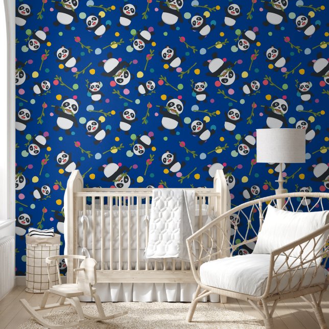 Papel Pintado Niños panda polka patrón punto fondo azul (Niños)