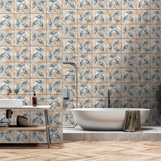 Papel Pintado Niveles Nautical Blue Seasheles Sand Tan Faux Tile (Baño)
