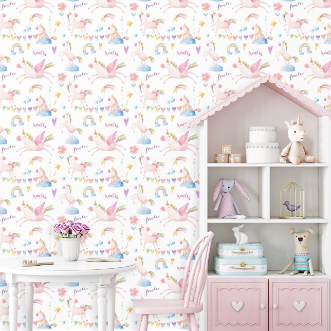 Papel Pintado Nombre de Chica personalizado del arcoiris de unic (Cute watercolor rainbow unicorn Pegasus pastel heart flower fantasy girl custom name wallpaper  )