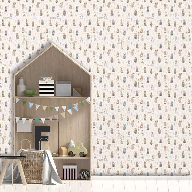 Papel Pintado Nombre Personalizado Cute Animales Woodland Chica (Cute Vintage Forest Woodland Animals illustration, Peter Rabbit custom name neutral color wallpaper)
