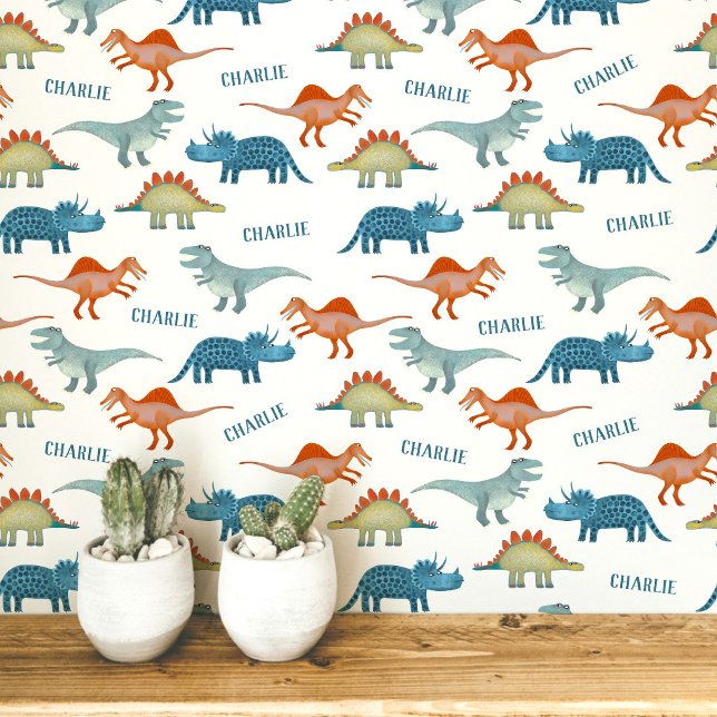 Papel Pintado Nombre personalizado de dinosaurio (Fun unique personalized dinosaur wallpaper with child's name for kid's room and nursery)