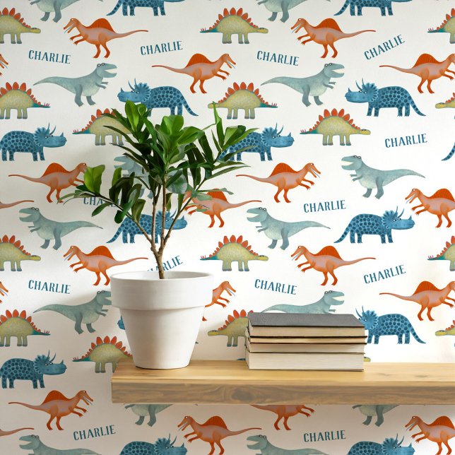 Papel Pintado Nombre personalizado de dinosaurio (Fun unique personalized dinosaur wallpaper with child's name for kid's room and nursery)