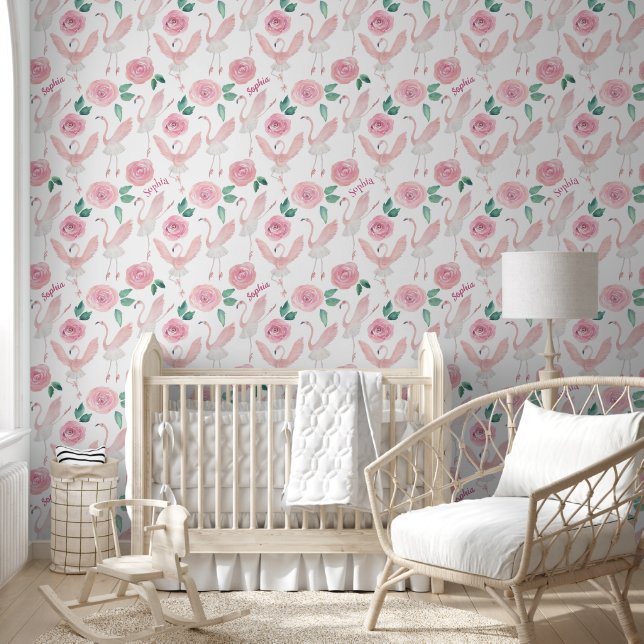 Papel Pintado Nombre Personalizado Rosa Flamingo Ballerina Flora (Niños)